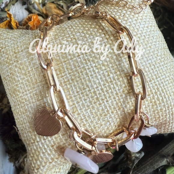 Pink quartz bracelet gold charms - Picture 2 of 2
